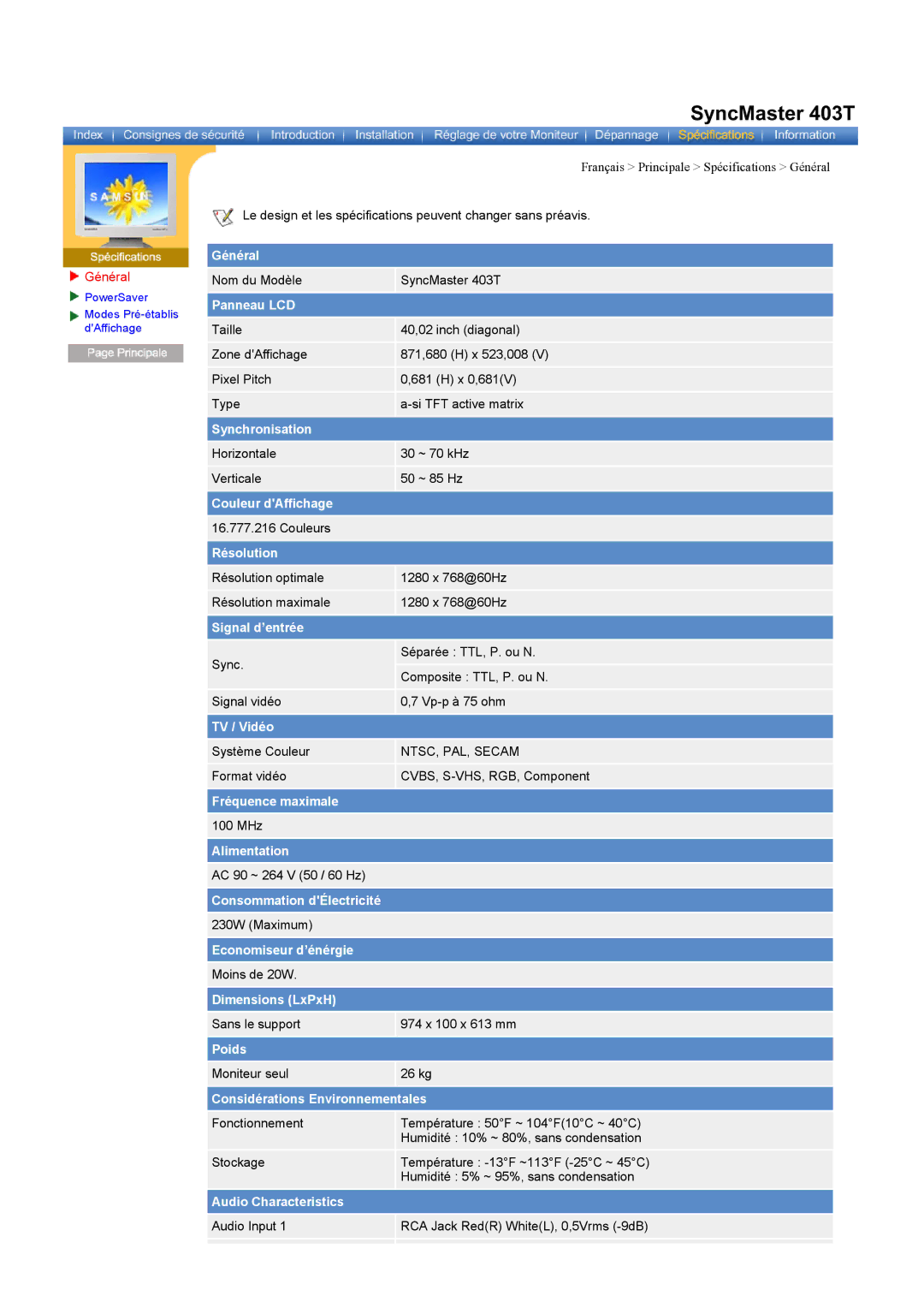 Samsung CK40PSNSF/EDC, CK40PSNB/EDC, CK40PSSS/EDC, CK40PSNBF/EDC, CK40PSSB/EDC, CK40PSNBG/EDC manual SyncMaster 403T, Général 