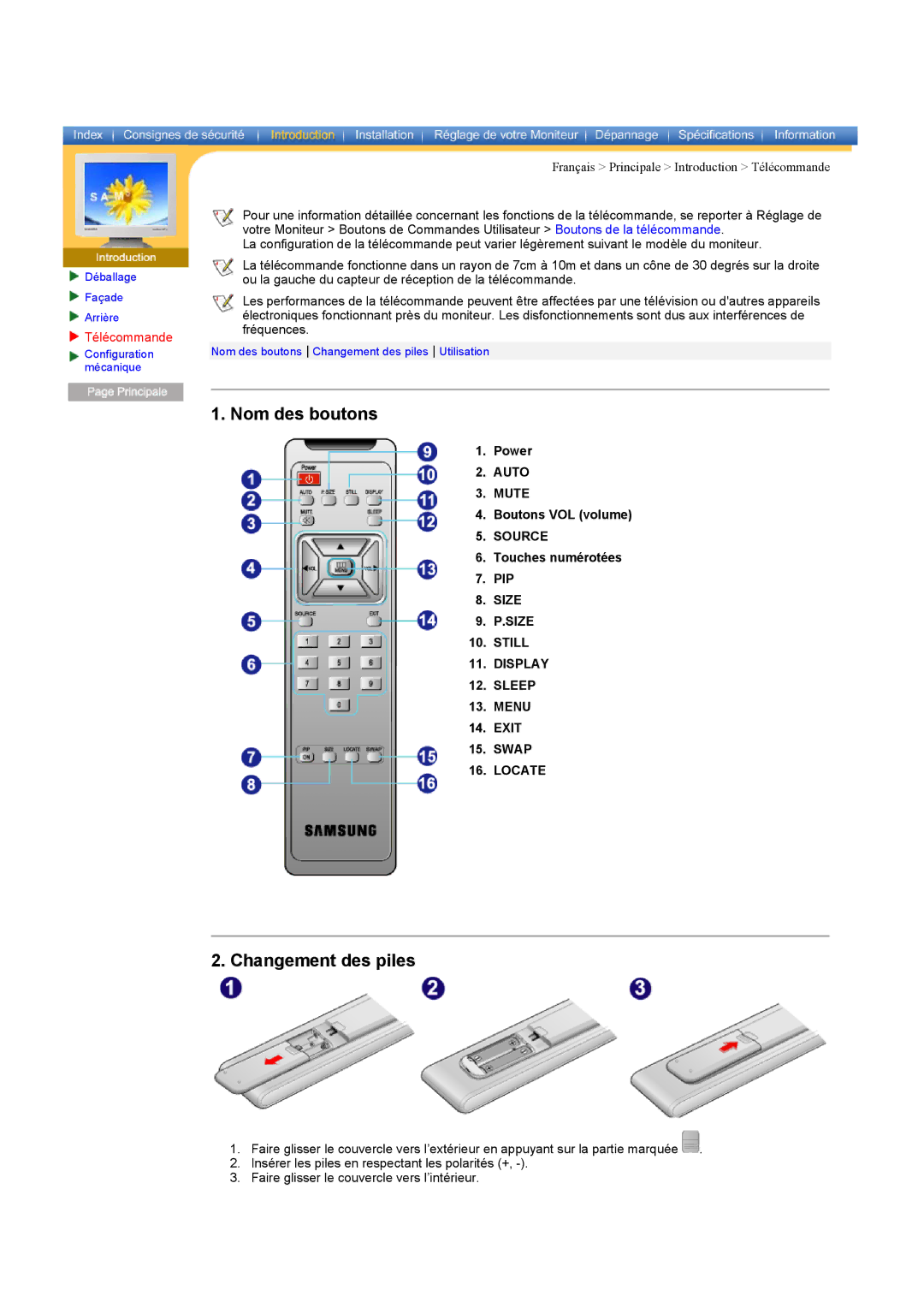 Samsung CK40PSNSF/EDC, CK40PSNB/EDC, CK40PSSS/EDC, CK40PSNBF/EDC, CK40PSSB/EDC manual Nom des boutons, Changement des piles 