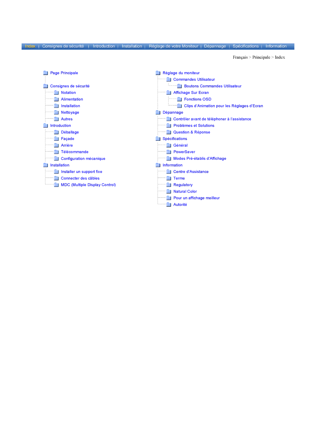 Samsung CK40PSNBF/EDC, CK40PSNB/EDC, CK40PSSS/EDC, CK40PSSB/EDC, CK40PSNBG/EDC, CK40BSNS/EDC manual Français Principale Index 