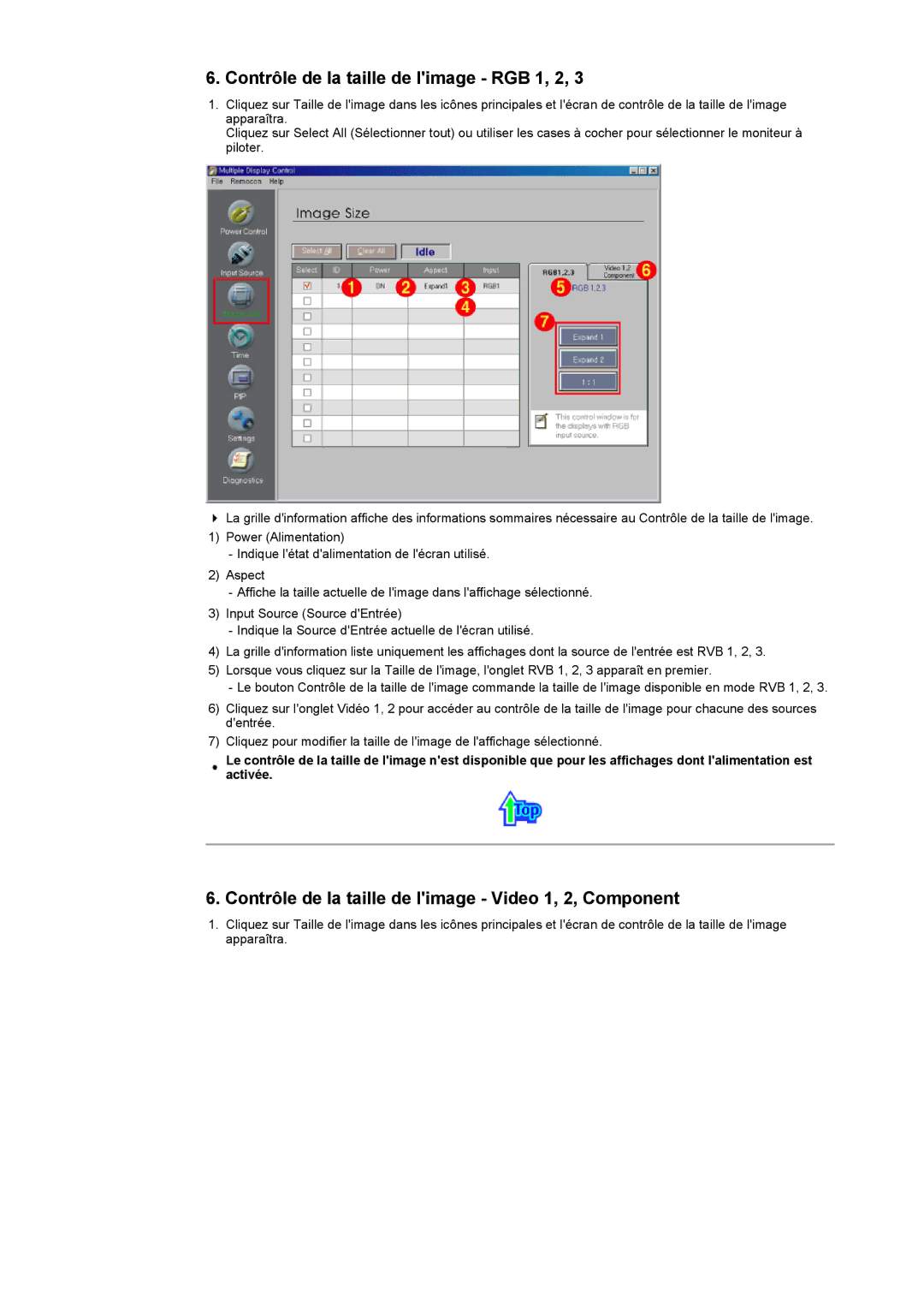 Samsung CK40PSNB/EDC manual Contrôle de la taille de limage RGB 1, 2, Contrôle de la taille de limage Video 1, 2, Component 