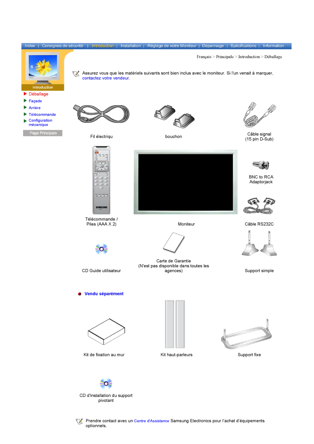 Samsung CK40PSSS/EDC, CK40PSNB/EDC, CK40PSNBF/EDC, CK40PSSB/EDC, CK40PSNBG/EDC, CK40BSNS/EDC manual Déballage, Vendu séparément 