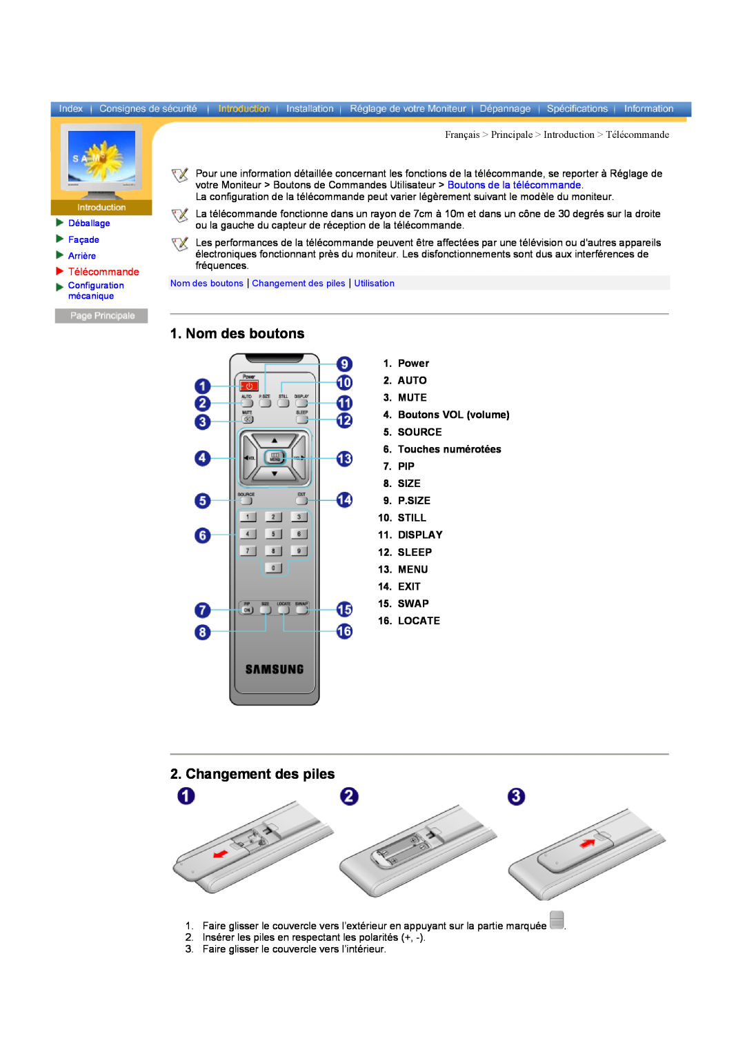 Samsung CK40PSNSF/EDC Nom des boutons, Changement des piles, Télécommande, SLEEP 13. MENU 14. EXIT 15. SWAP 16. LOCATE 
