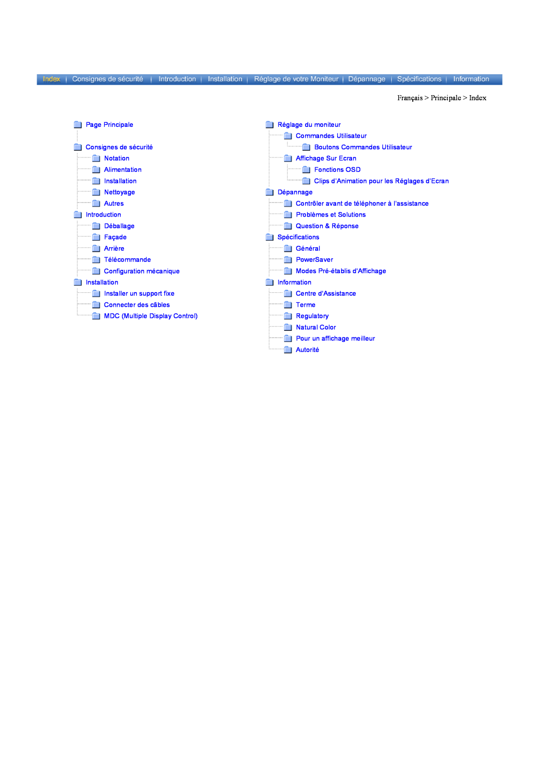 Samsung CK40PSNBF/EDC Français Principale Index, Page Principale, Réglage du moniteur, Commandes Utilisateur, Notation 