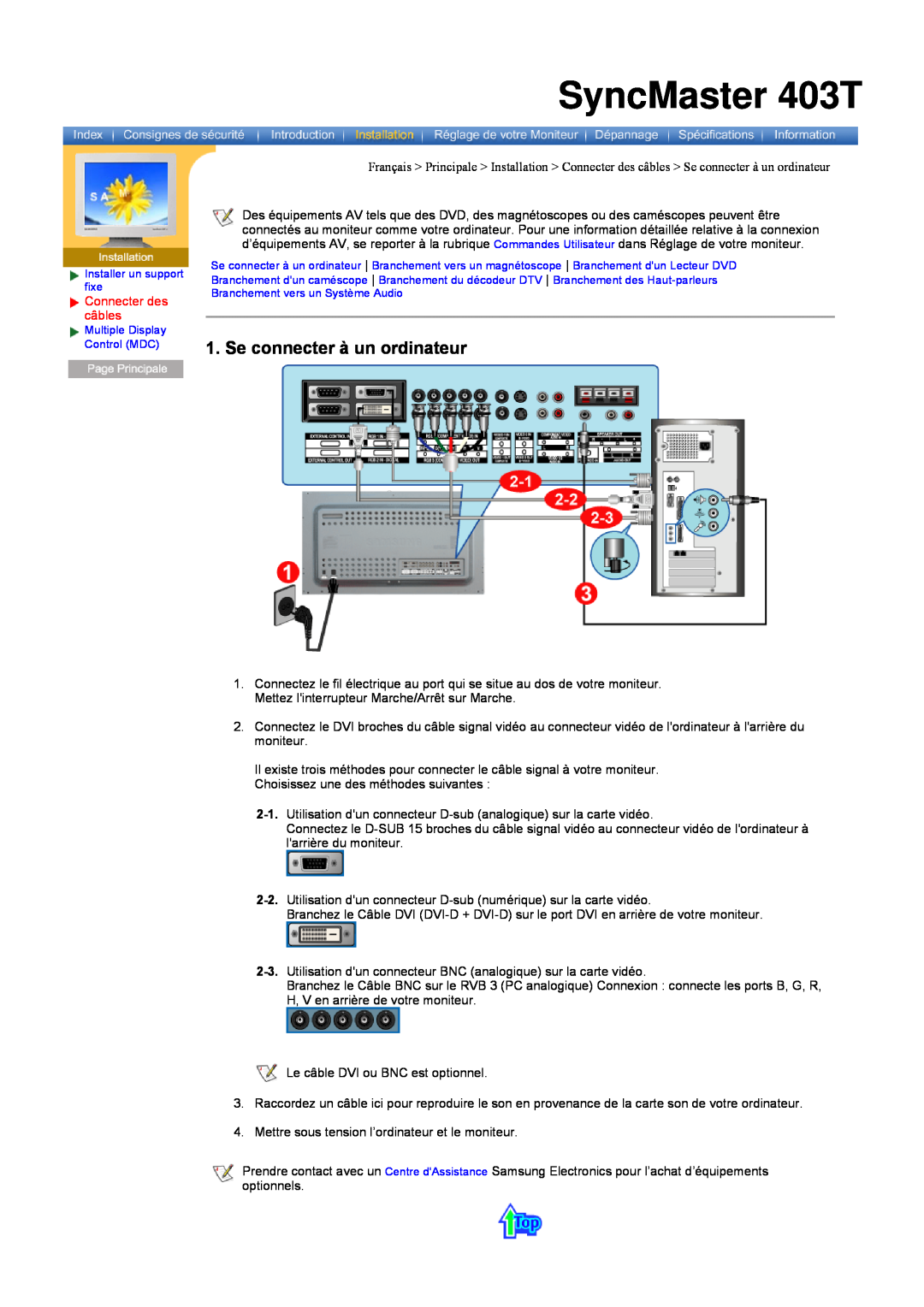Samsung CK40PSNBF/EDC, CK40PSNB/EDC, CK40PSSS/EDC manual Se connecter à un ordinateur, SyncMaster 403T, Connecter des câbles 