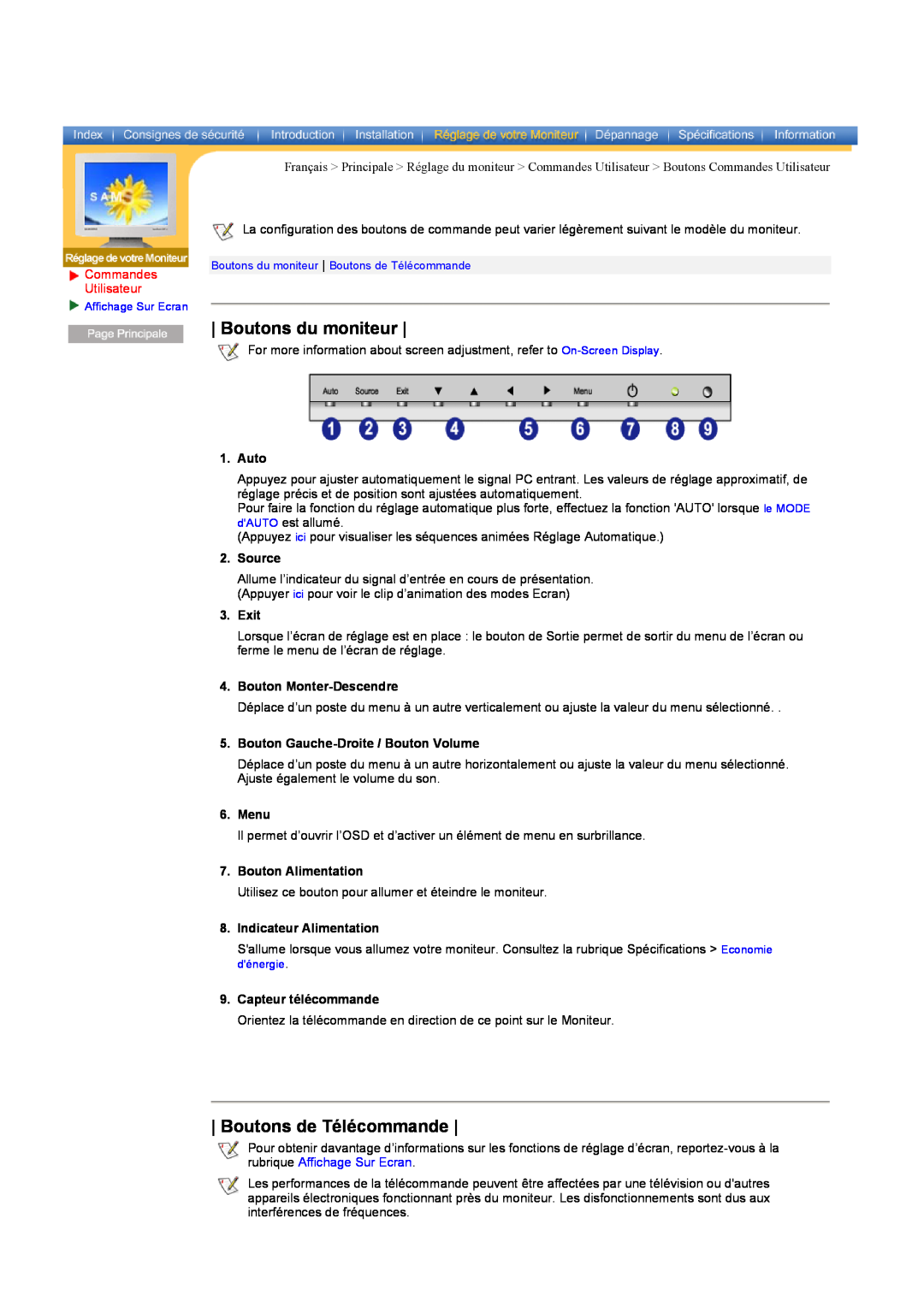 Samsung CK40PSSS/EDC manual Boutons du moniteur, Boutons de Télécommande, Commandes Utilisateur, Auto, Source, Exit, Menu 