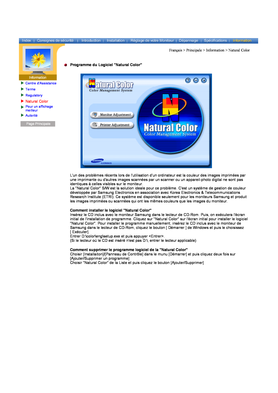 Samsung CK40PSSB/EDC, CK40PSNB/EDC manual Français Principale Information Natural Color, Programme du Logiciel Natural Color 
