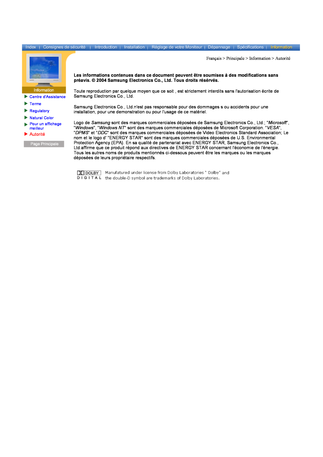 Samsung CK40PSNB/EDC manual Français Principale Information Autorité, Centre dAssistance Terme Regulatory Natural Color 