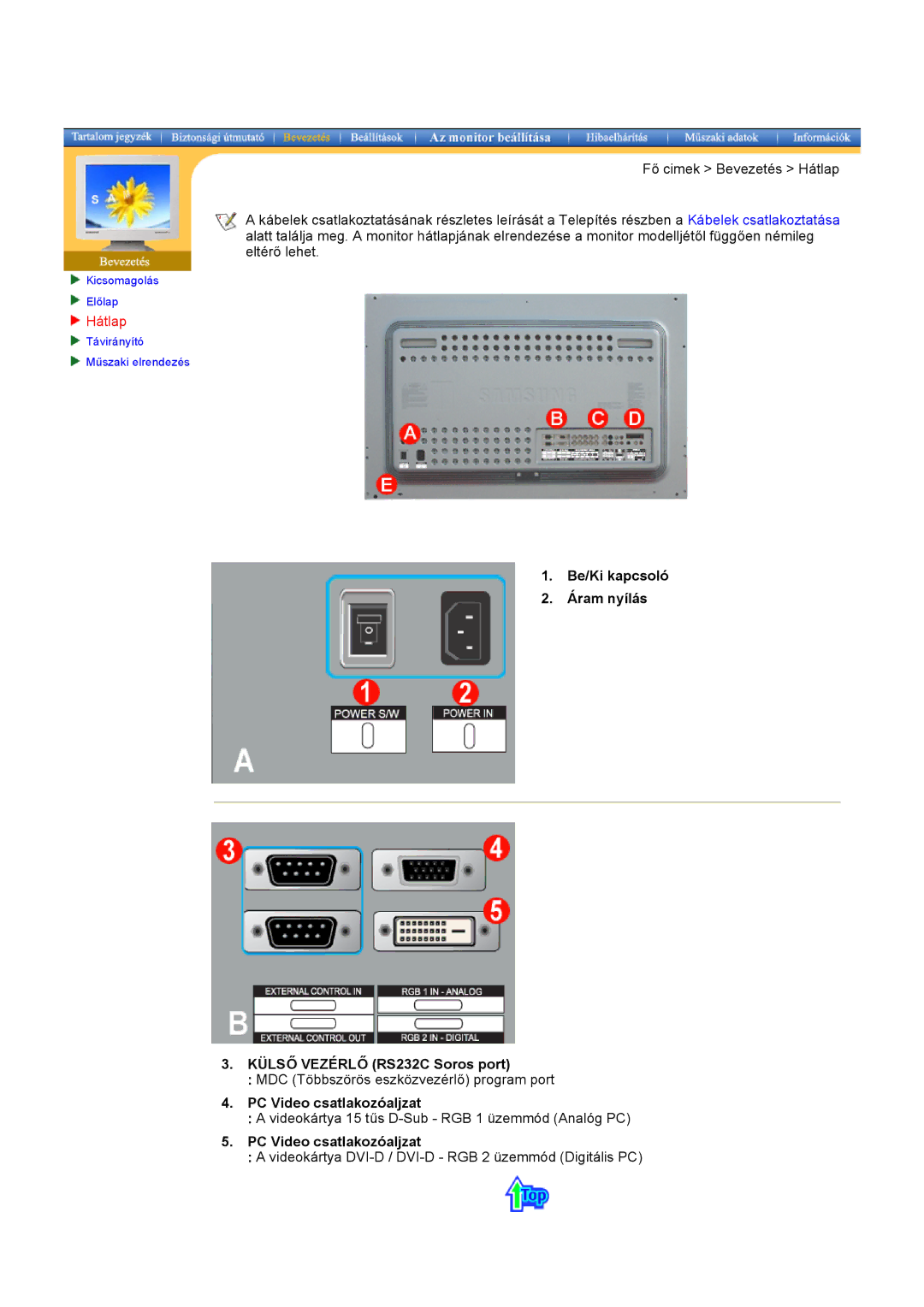 Samsung CK40BSNS/EDC manual Hátlap, Be/Ki kapcsoló Áram nyílás Külső Vezérlő RS232C Soros port, PC Video csatlakozóaljzat 