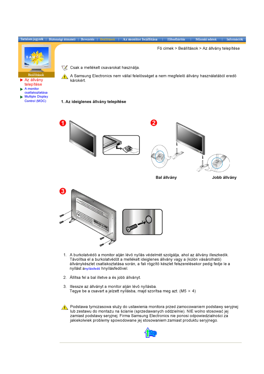 Samsung CK40PSNS/EDC, CK40PSNBG/EDC manual Az állvány telepítése, Az ideiglenes állvány telepítése Bal állvány Jobb állvány 