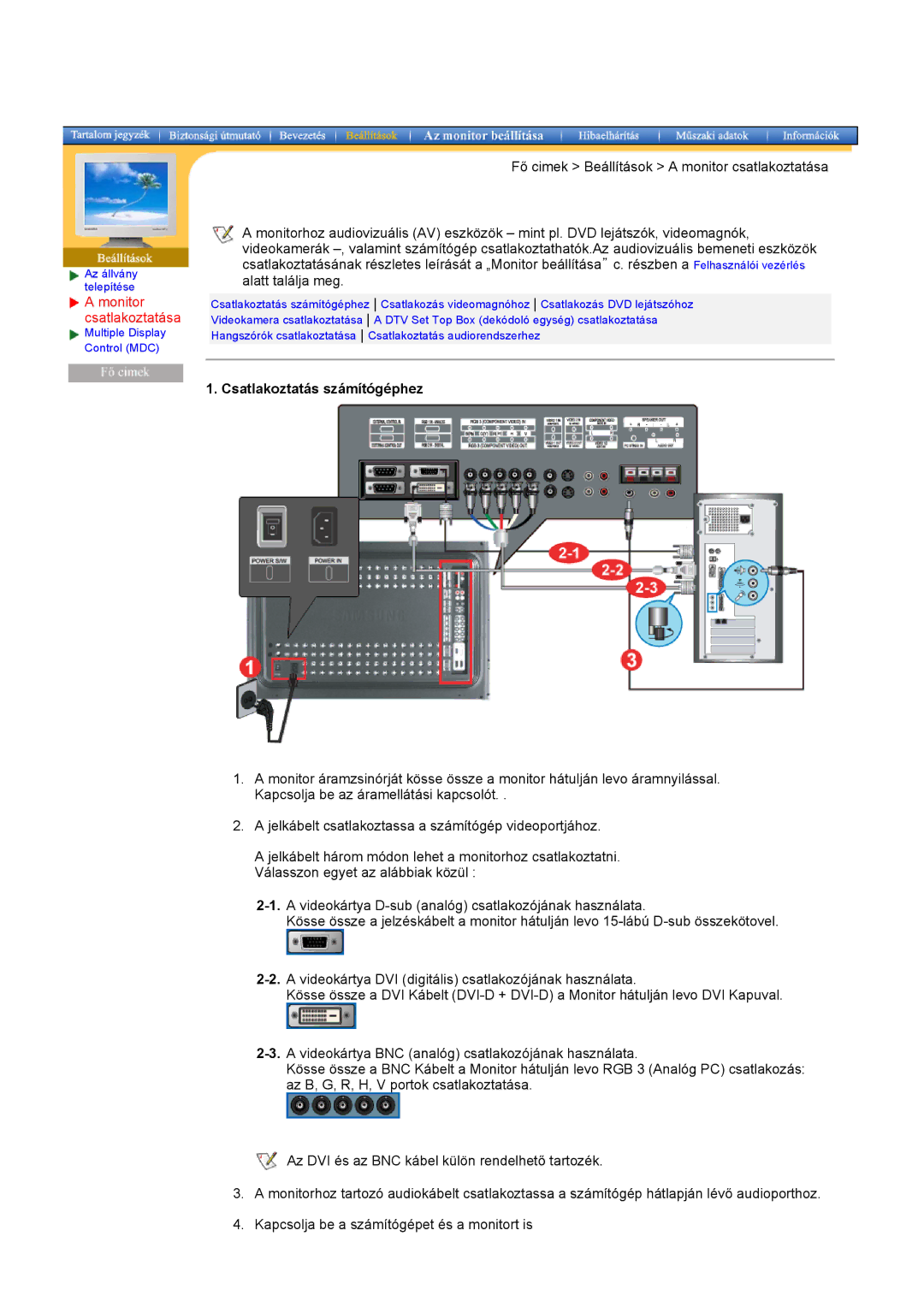 Samsung CK40PSNBG/EDC, CK40BSNS/EDC, CK40PSNS/EDC, CK32PSNS/EDC, CK32PSNB/EDC Fő cimek Beállítások a monitor csatlakoztatása 