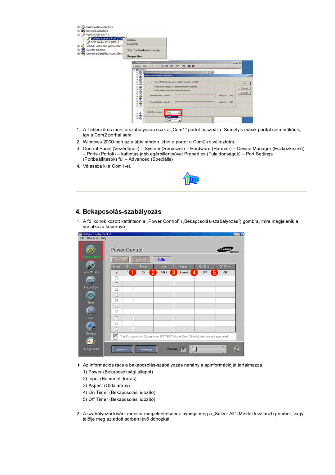 Samsung CK32PSNS/EDC, CK40PSNBG/EDC, CK40BSNS/EDC, CK40PSNS/EDC, CK32PSNB/EDC manual Bekapcsolás-szabályozás 