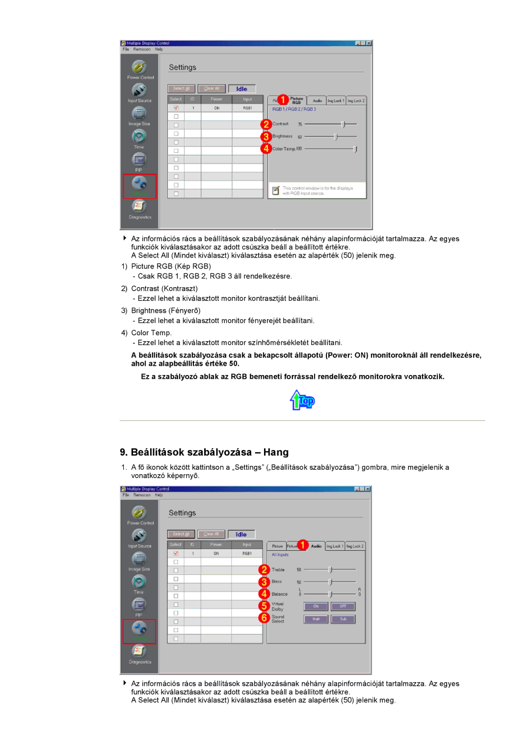 Samsung CK40PSNBG/EDC, CK40BSNS/EDC, CK40PSNS/EDC, CK32PSNS/EDC, CK32PSNB/EDC manual Beállítások szabályozása Hang 