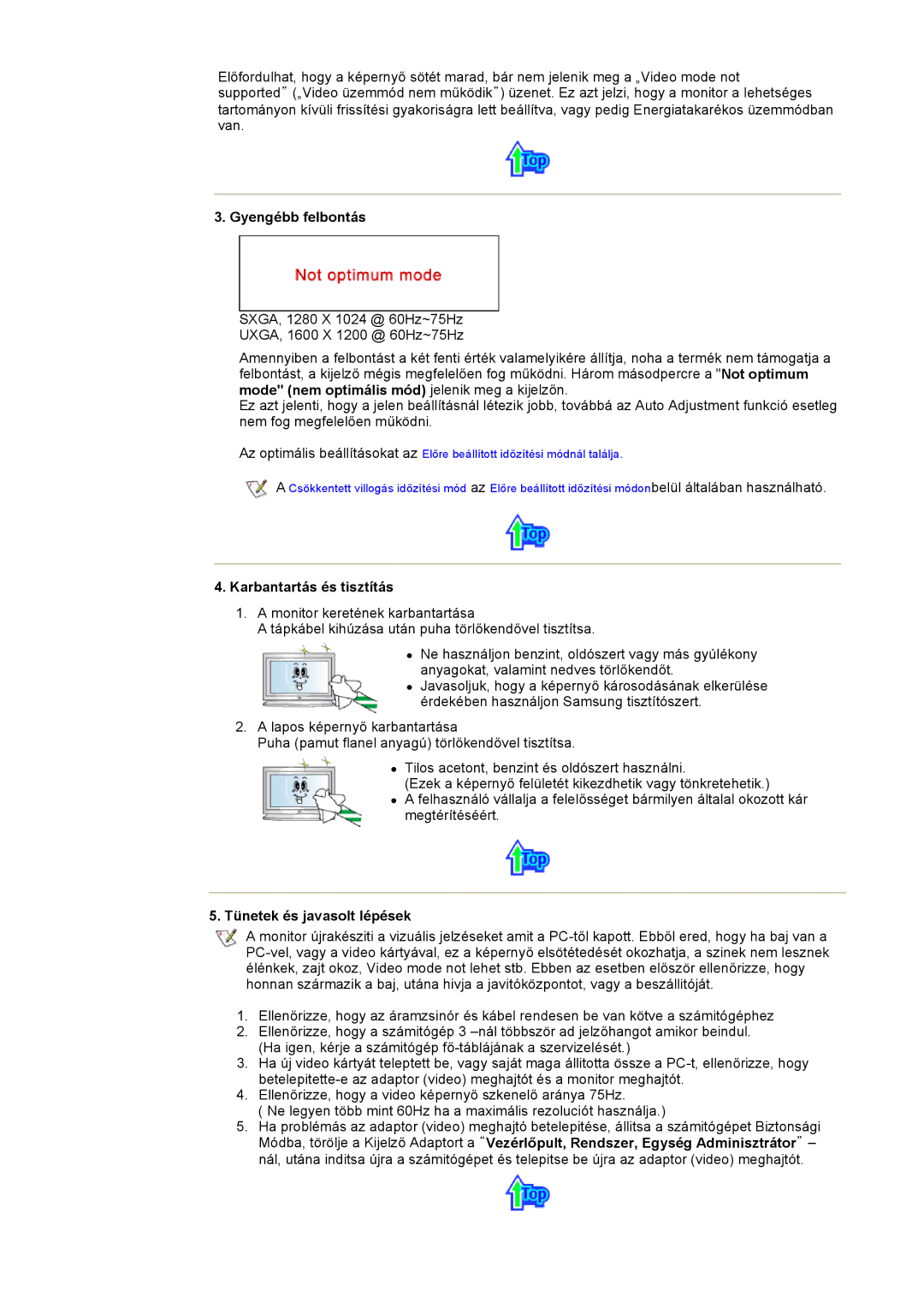 Samsung CK40PSNS/EDC, CK40PSNBG/EDC manual Gyengébb felbontás, Karbantartás és tisztítás, Tünetek és javasolt lépések 