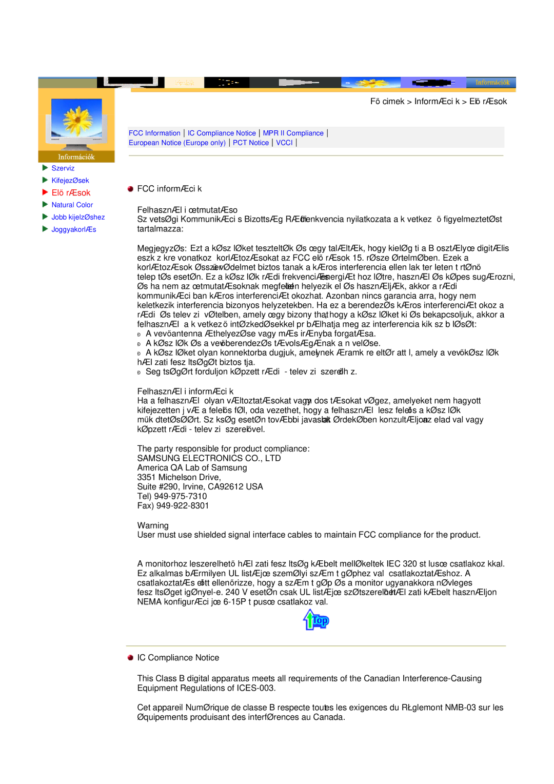 Samsung CK32PSNS/EDC Előírások, FCC információk Felhasználói útmutatáso, Felhasználói információk, IC Compliance Notice 