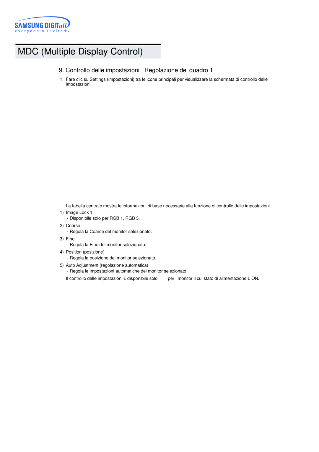 Samsung CK40PSNBG/EDC, CK40BSNS/EDC, CK40PSNS/EDC, CK32PSNS/EDC manual Controllo delle impostazioni Regolazione del quadro 