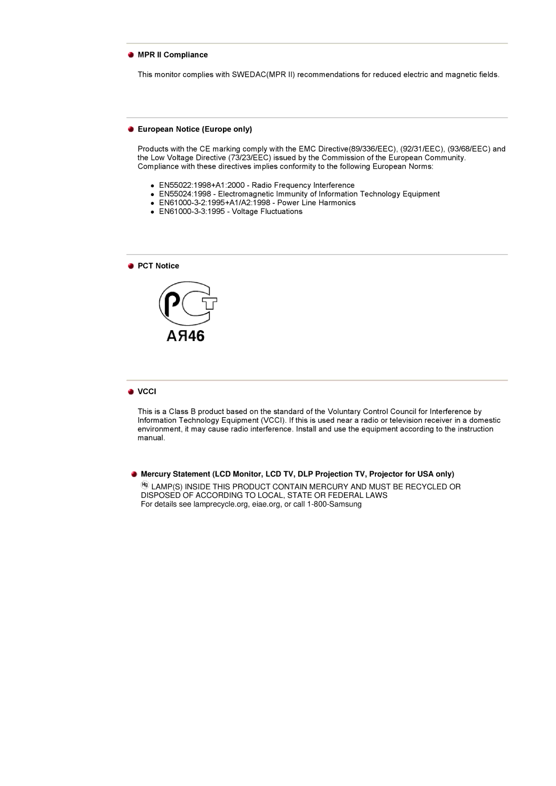 Samsung CK40BSNB/EDC, CK40PSNBG/EDC, CK40BSNS/EDC, CK40PSNS/EDC MPR II Compliance, European Notice Europe only, PCT Notice 