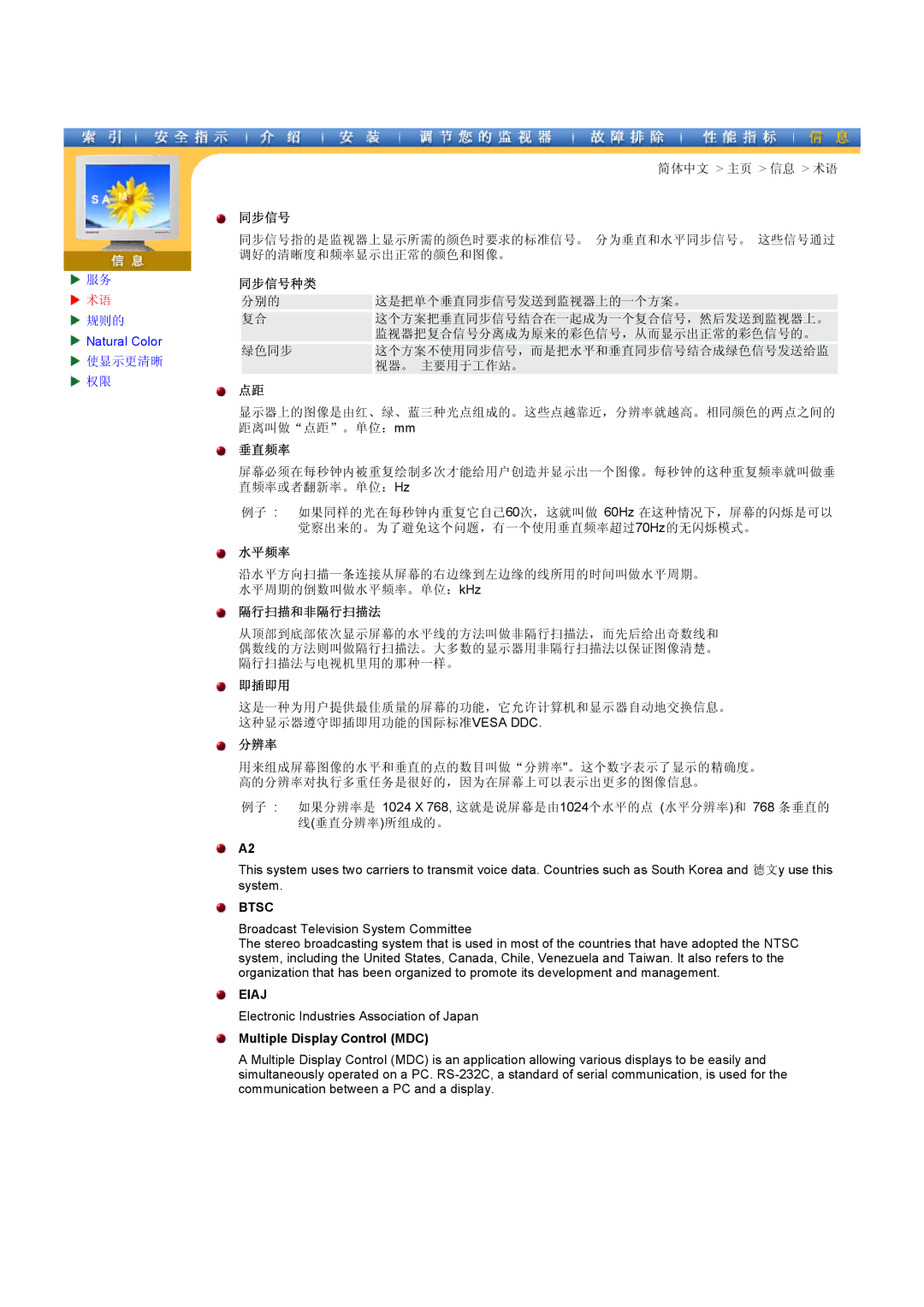 Samsung CK40PSNS/EDC, CK40PSNBG/EDC, CK40BSNS/EDC manual 同步信号种类, 垂直频率, 水平频率, 隔行扫描和非隔行扫描法, 即插即用, 分辨率 