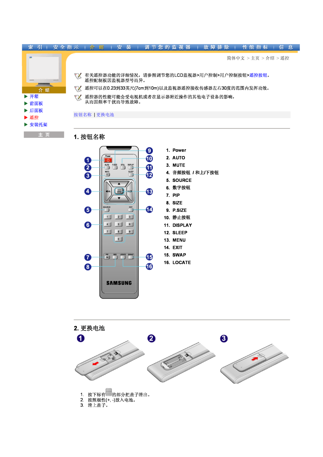 Samsung CK40BSNS/EDC 1. 按钮名称, 2. 更换电池, Power 2. AUTO 3. MUTE, 4. 音频按钮 / 和上/下按钮, Source, 6. 数字按钮, PIP 8. SIZE 9. P.SIZE 