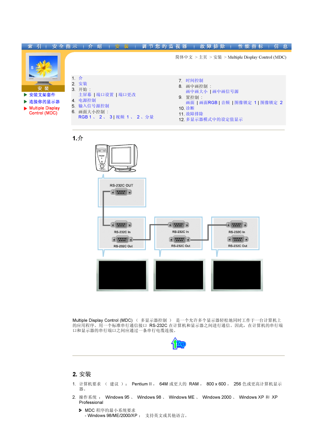 Samsung CK40PSNBG/EDC, CK40BSNS/EDC, CK40PSNS/EDC manual 2. 安装, Multiple Display, Control MDC, RGB 1 、 2 、 3 视频 1 、 