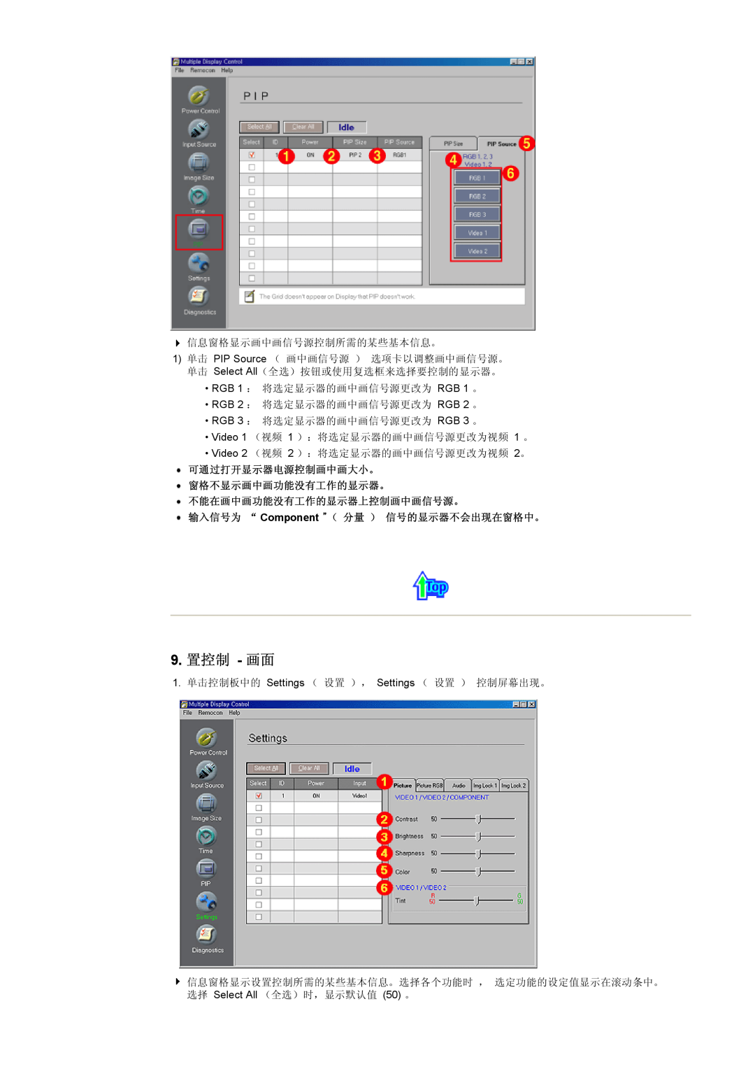 Samsung CK40PSNBG/EDC, CK40BSNS/EDC manual 9. 置控制 - 画面, 可通过打开显示器电源控制画中画大小。 窗格不显示画中画功能没有工作的显示器。 不能在画中画功能没有工作的显示器上控制画中画信号源。 
