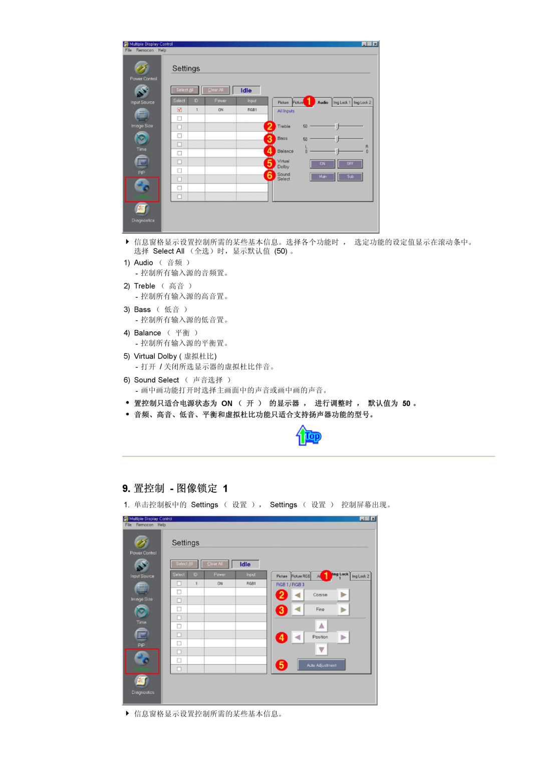 Samsung CK40PSNS/EDC 9. 置控制 - 图像锁定, Audio （ 音频 ）, Treble （ 高音 ）, Balance （ 平衡 ）, Virtual Dolby 虚拟杜比, Sound Select （ 声音选择 ） 