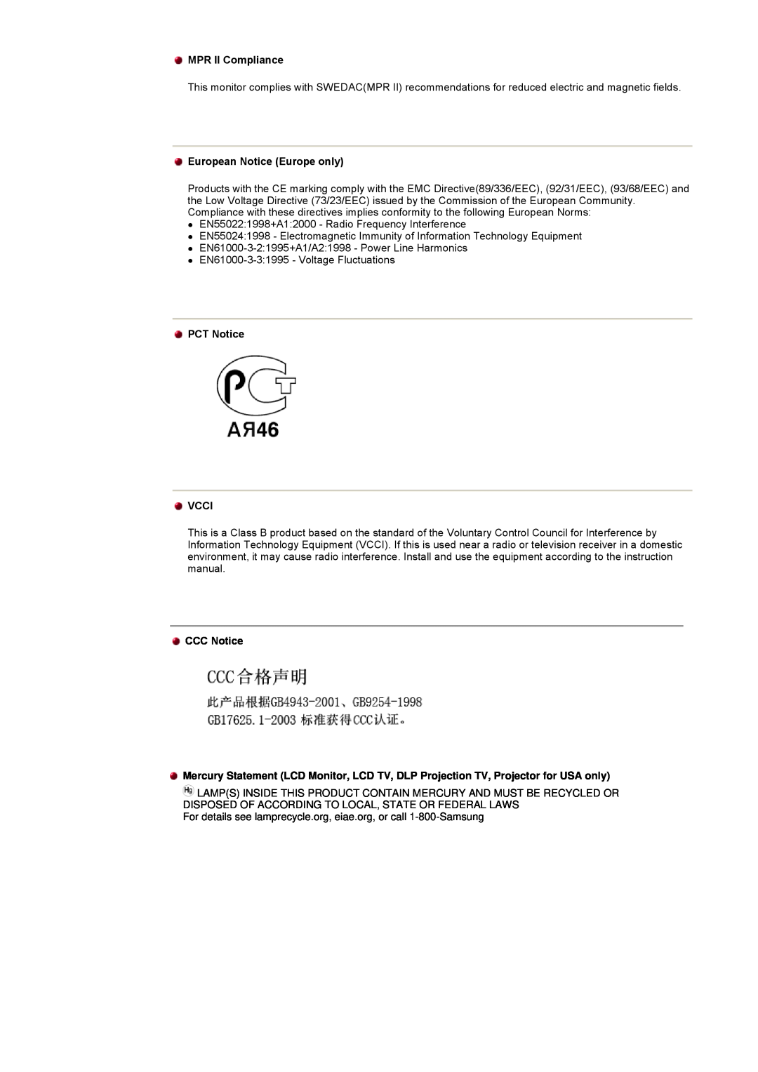 Samsung CK40BSNS/EDC, CK40PSNBG/EDC manual MPR II Compliance, European Notice Europe only, PCT Notice VCCI, CCC Notice 