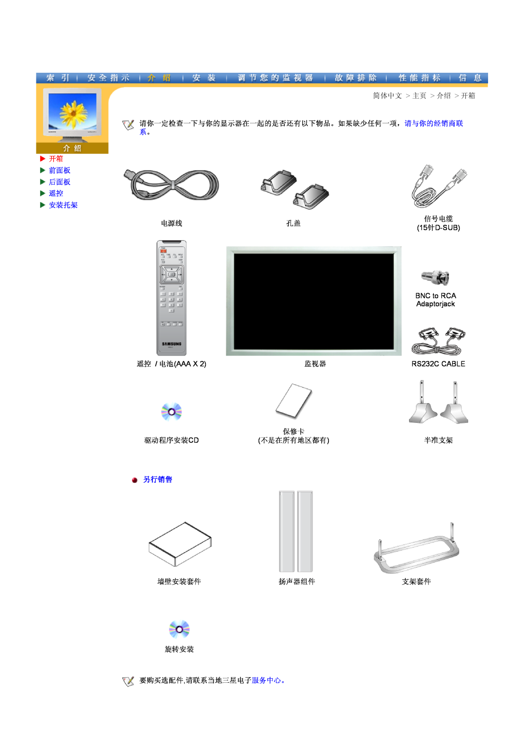Samsung CK40PSNBG/EDC, CK40BSNS/EDC, CK40PSNS/EDC manual 另行销售, 前面板 后面板 遥控 安装托架 