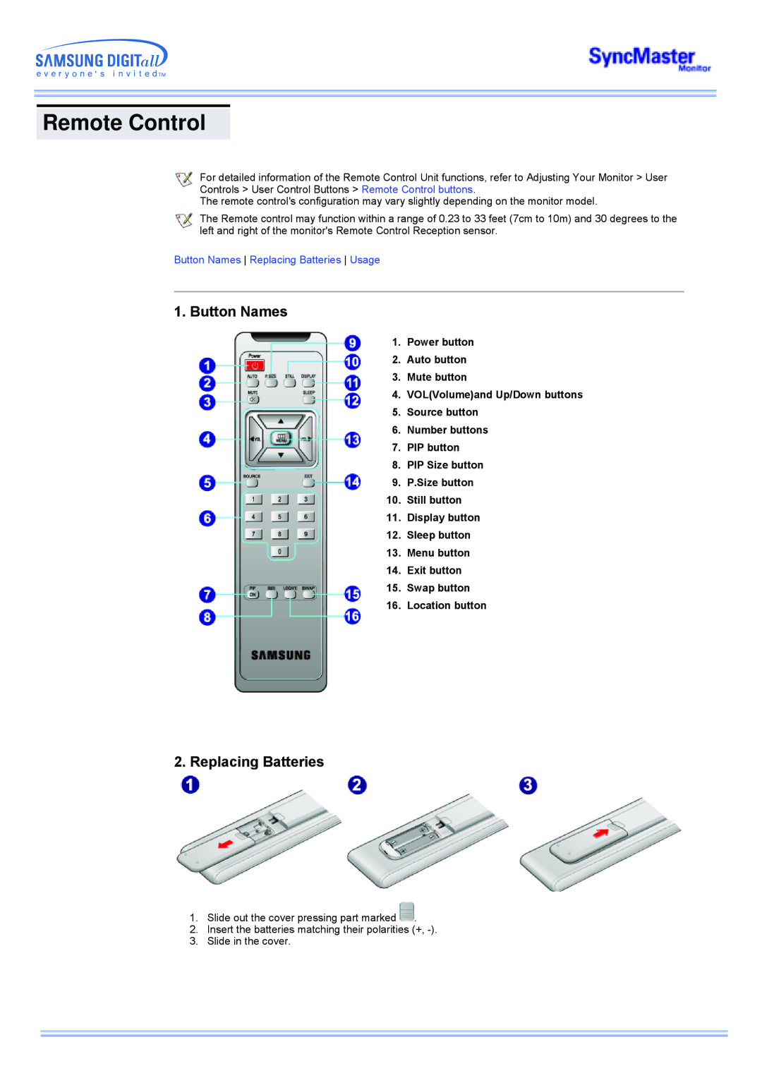 Samsung CK40PSNSG/EDC, CK40PSNB/EDC, CK40BSNB/XSJ, CK40BSNS/XSJ manual Remote Control, Button Names, Replacing Batteries 