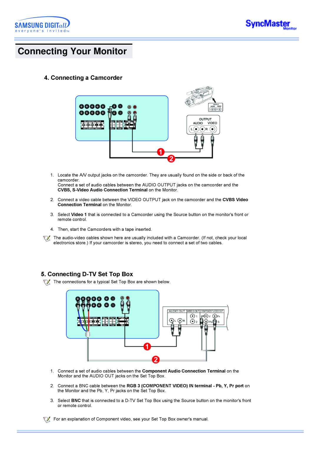 Samsung CK40PSSS/XSJ, CK40PSNSG/EDC, CK40PSNB/EDC, CK40BSNB/XSJ manual Connecting a Camcorder, Connecting D-TV Set Top Box 