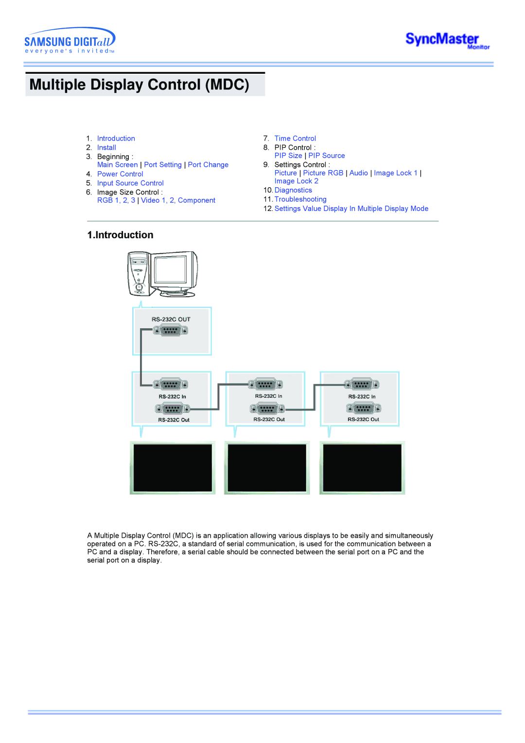 Samsung CK40PSNS/EDC, CK40PSNSG/EDC, CK40PSNB/EDC, CK40BSNB/XSJ, CK40BSNS/XSJ manual Multiple Display Control MDC, Introduction 