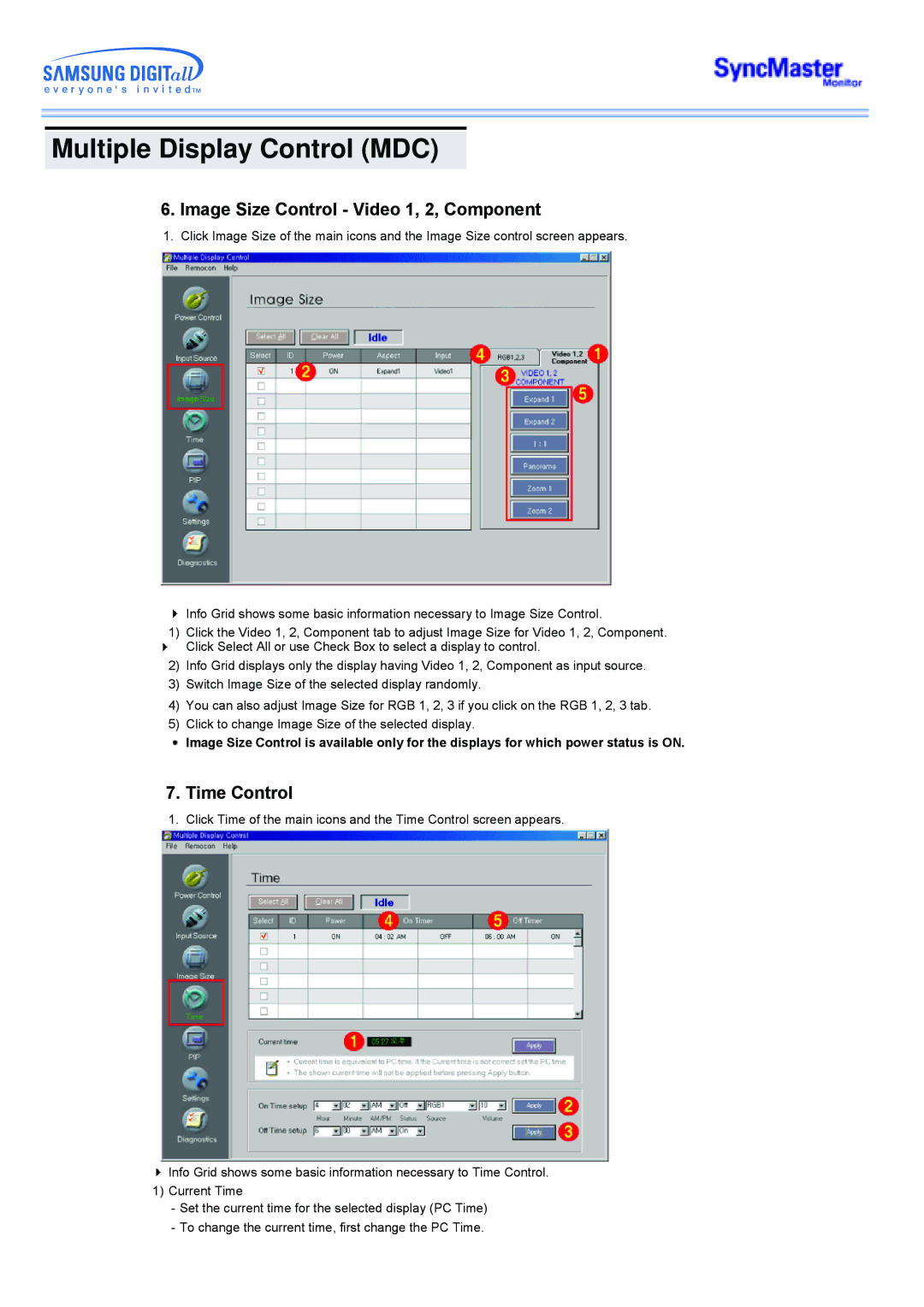 Samsung CK40PSNS/XSJ, CK40PSNSG/EDC, CK40PSNB/EDC, CK40BSNB/XSJ manual Image Size Control Video 1, 2, Component, Time Control 