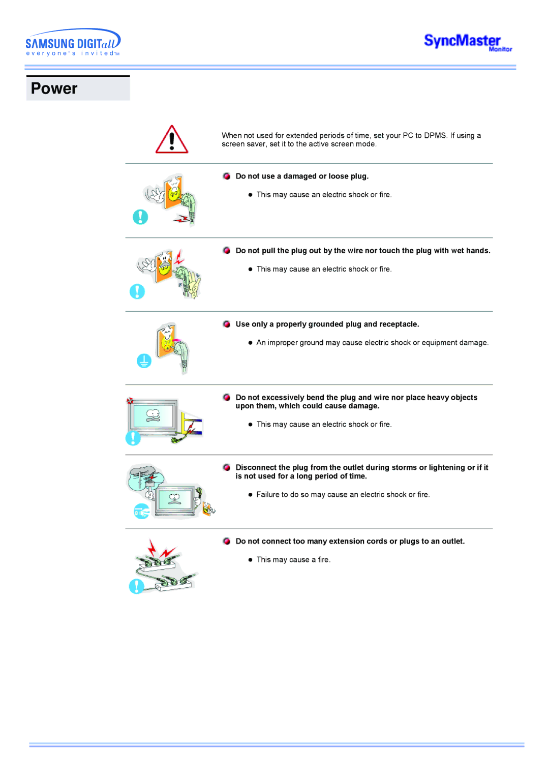 Samsung CK40PSNS/XSJ manual Power, Do not use a damaged or loose plug, Use only a properly grounded plug and receptacle 