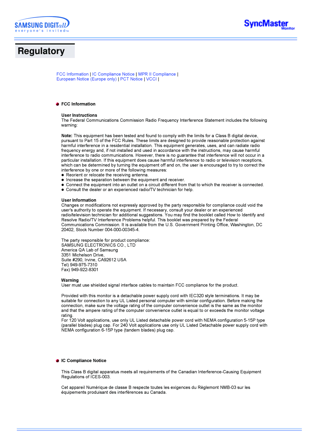 Samsung CK40PSNBG/EDC, CK40PSNSG/EDC Regulatory, FCC Information User Instructions, User Information, IC Compliance Notice 