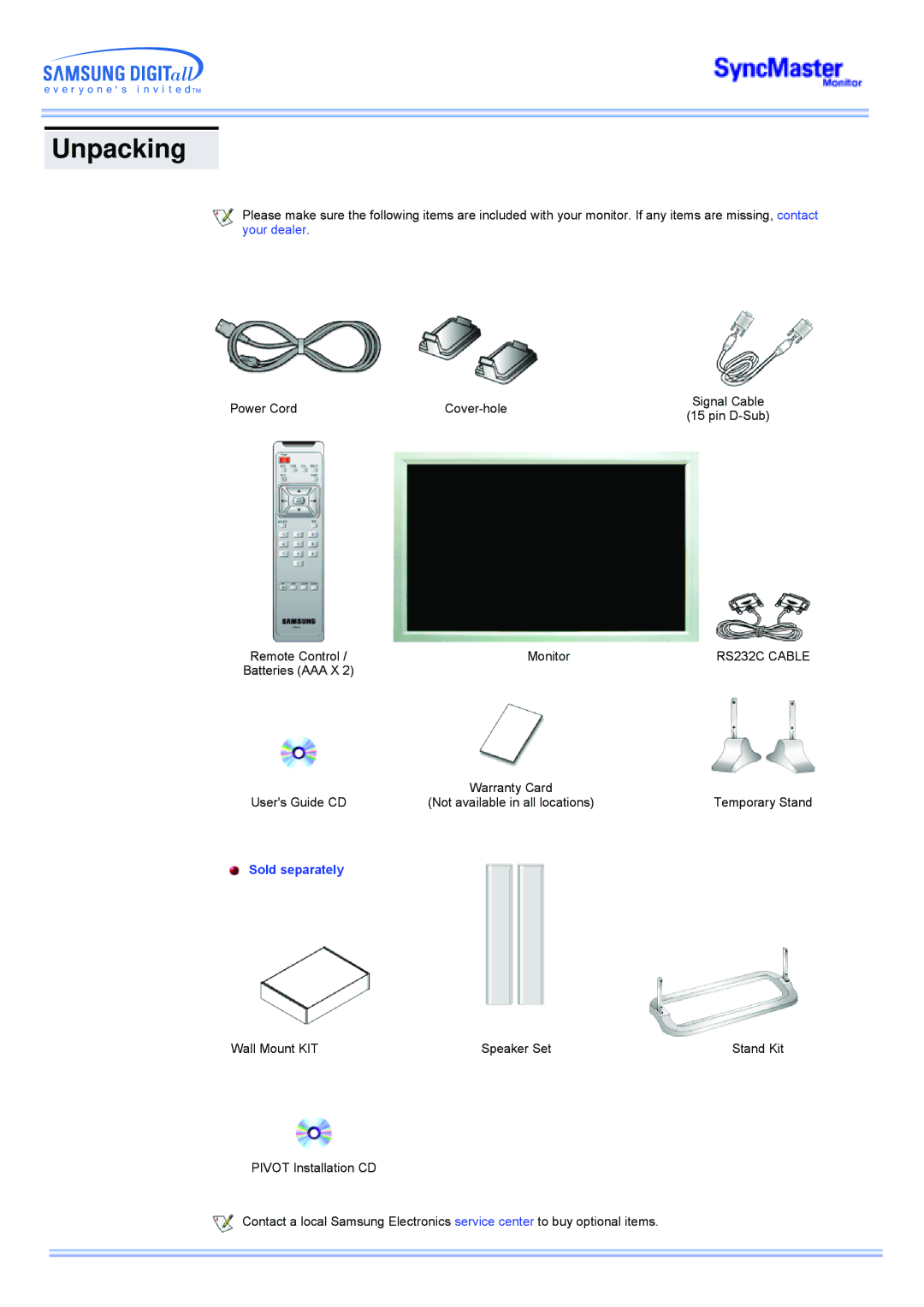 Samsung CK40BSNS/EDC, CK40PSNSG/EDC, CK40PSNB/EDC, CK40BSNB/XSJ, CK40BSNS/XSJ, CK40PSNB/XSJ manual Unpacking, RS232C Cable 