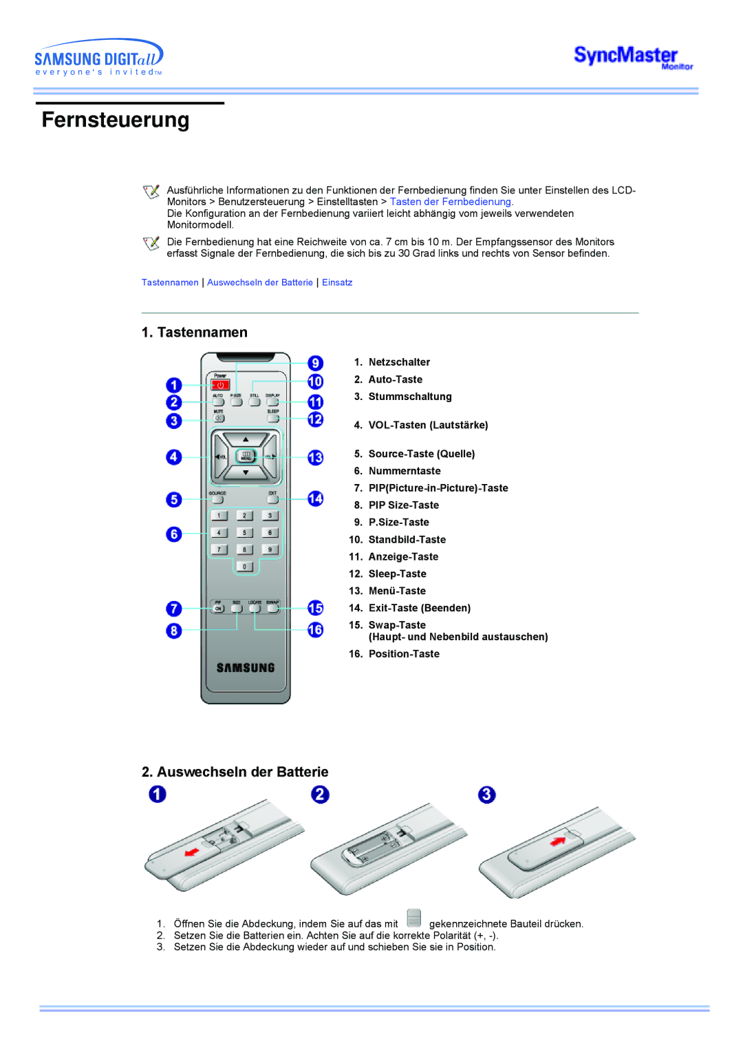 Samsung CK40PSNSG/EDC, CK40PSNB/EDC, CK40PSNBG/EDC, CK40BSNS/EDC manual Fernsteuerung, Tastennamen, Auswechseln der Batterie 