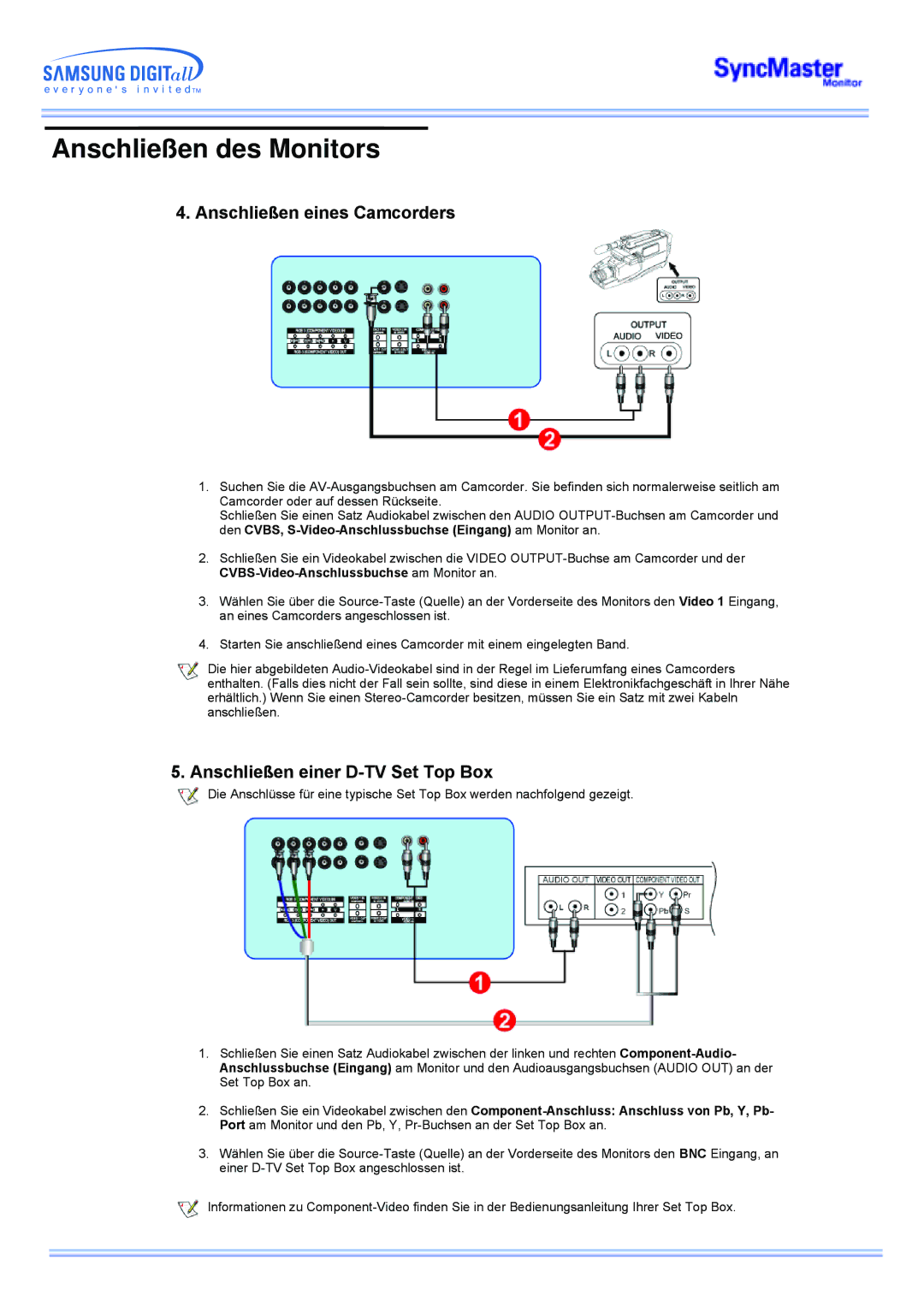 Samsung CK40PSNBG/EDC, CK40PSNSG/EDC, CK40PSNB/EDC manual Anschließen eines Camcorders, Anschließen einer D-TV Set Top Box 