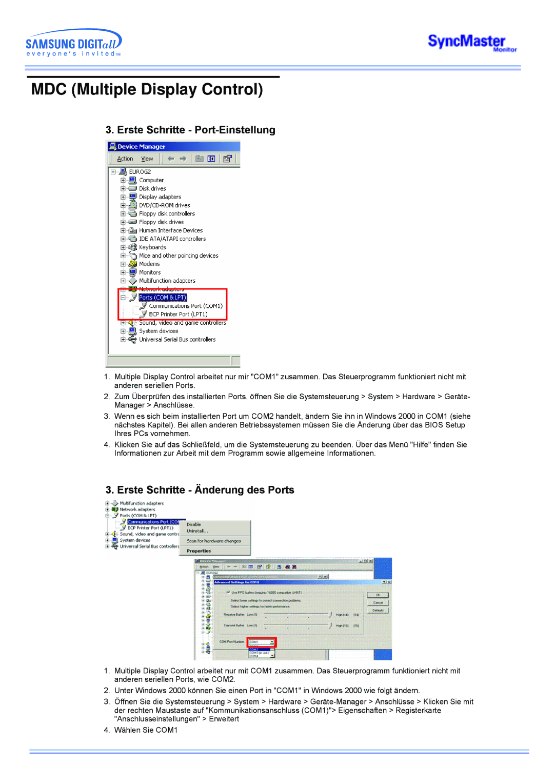 Samsung CK40PSNBG/EDC, CK40PSNSG/EDC, CK40PSNB/EDC manual Erste Schritte Port-Einstellung, Erste Schritte Änderung des Ports 