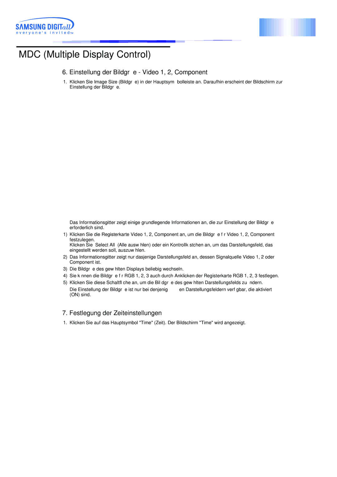 Samsung CK40PSNSG/EDC, CK40PSNB/EDC manual Einstellung der Bildgröße Video 1, 2, Component, Festlegung der Zeiteinstellungen 