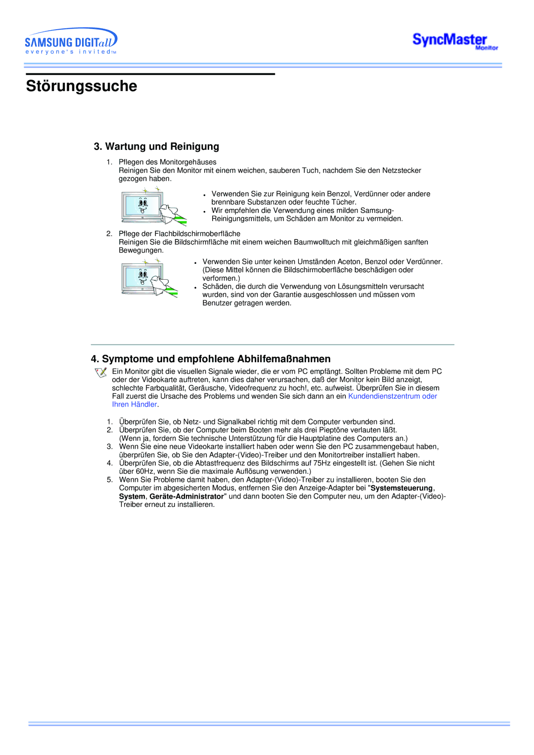 Samsung CK32PSNS/EDC, CK40PSNSG/EDC, CK40PSNB/EDC manual Wartung und Reinigung, Symptome und empfohlene Abhilfemaßnahmen 