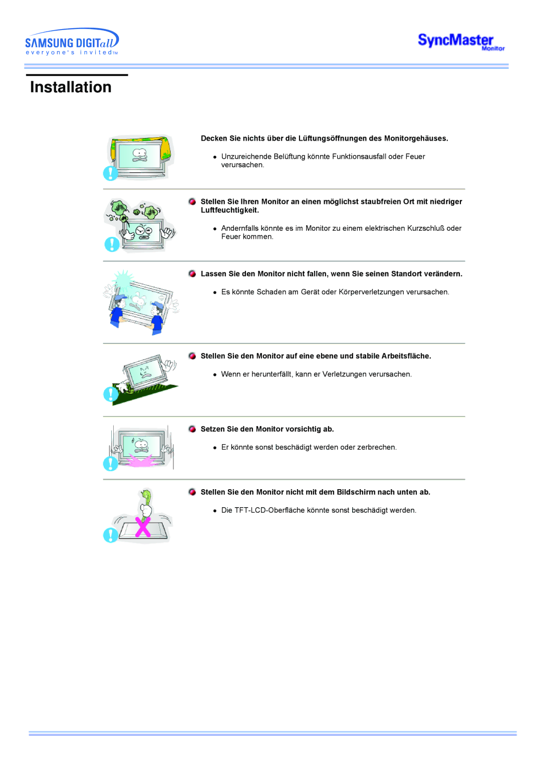 Samsung CK32PSNS/EDC, CK40PSNSG/EDC, CK40PSNB/EDC, CK40PSNBG/EDC manual Installation, Setzen Sie den Monitor vorsichtig ab 