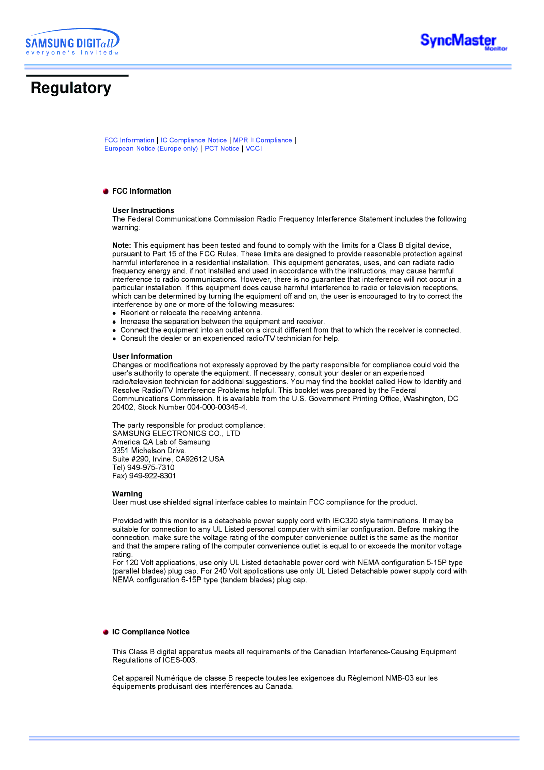 Samsung CK40PSNS/EDC, CK40PSNSG/EDC Regulatory, FCC Information User Instructions, User Information, IC Compliance Notice 