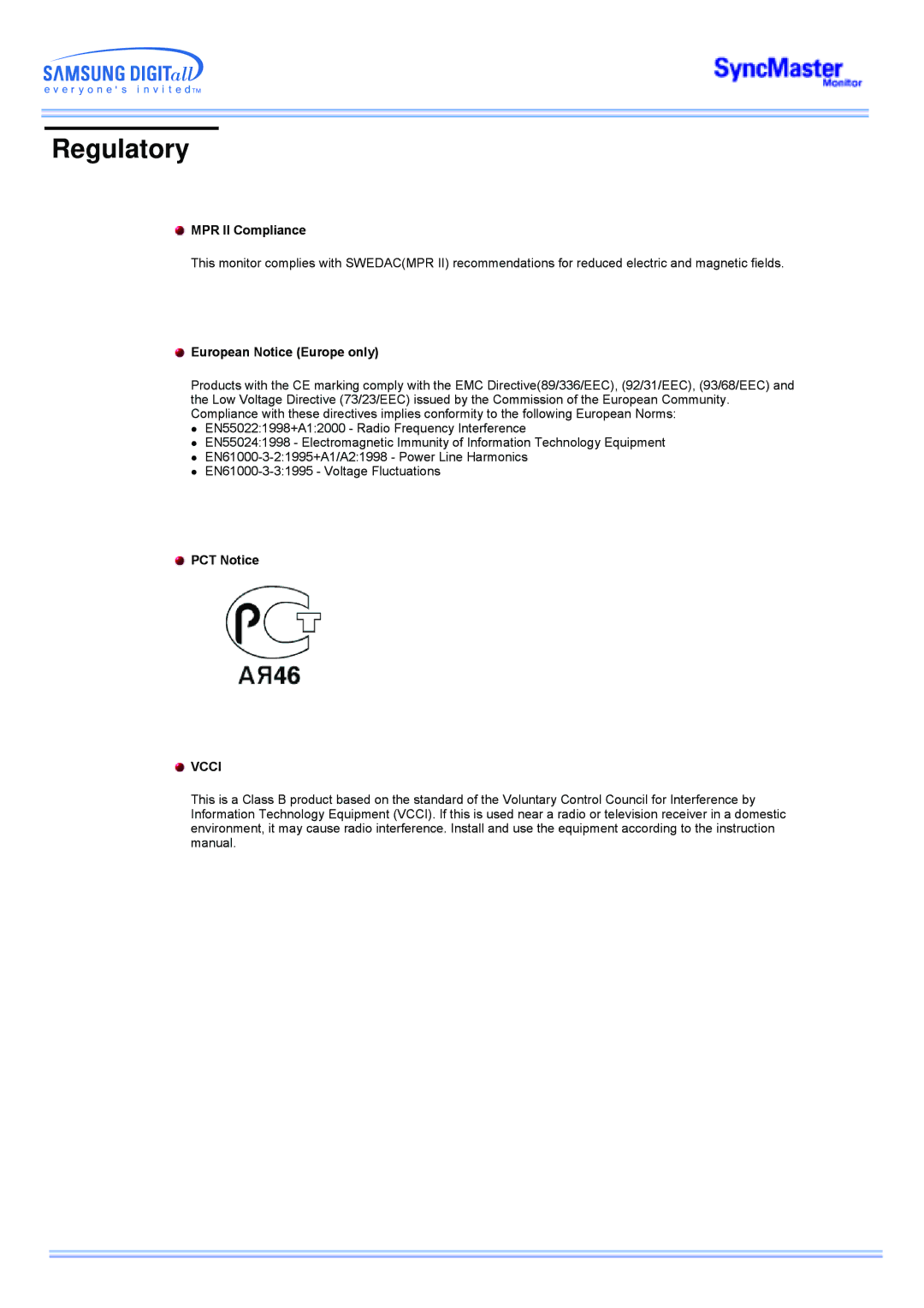 Samsung CK32PSNS/EDC, CK40PSNSG/EDC, CK40PSNB/EDC, CK40PSNBG/EDC MPR II Compliance, European Notice Europe only, PCT Notice 