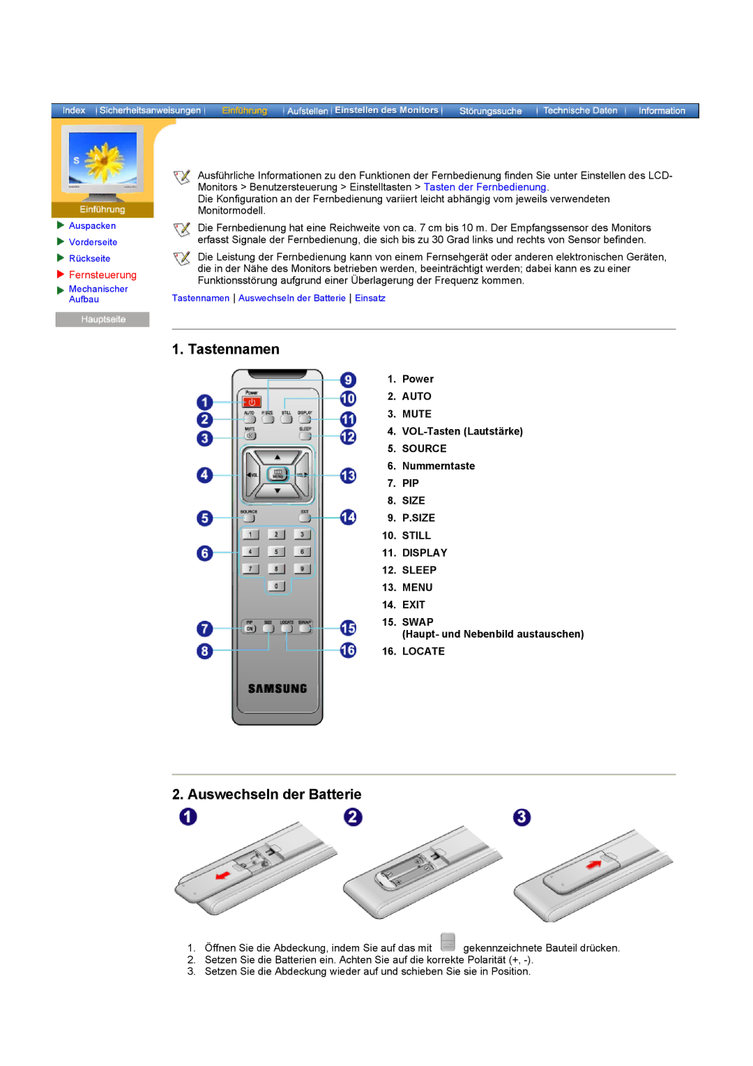 Samsung CK40PSNSG/EDC, CK40PSNB/EDC, CK40PSNBG/EDC, CK40BSNS/EDC, CK40PSNS/EDC manual Tastennamen, Auswechseln der Batterie 