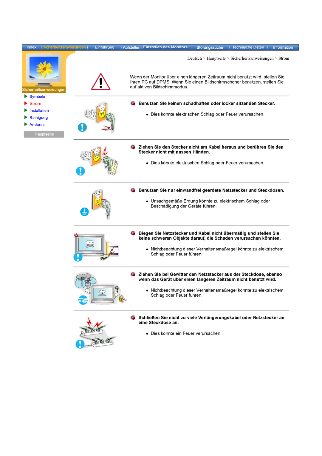 Samsung CK40PSNS/EDC, CK40PSNSG/EDC, CK40PSNB/EDC, CK40PSNBG/EDC, CK40BSNS/EDC manual Strom, Stecker nicht mit nassen Händen 