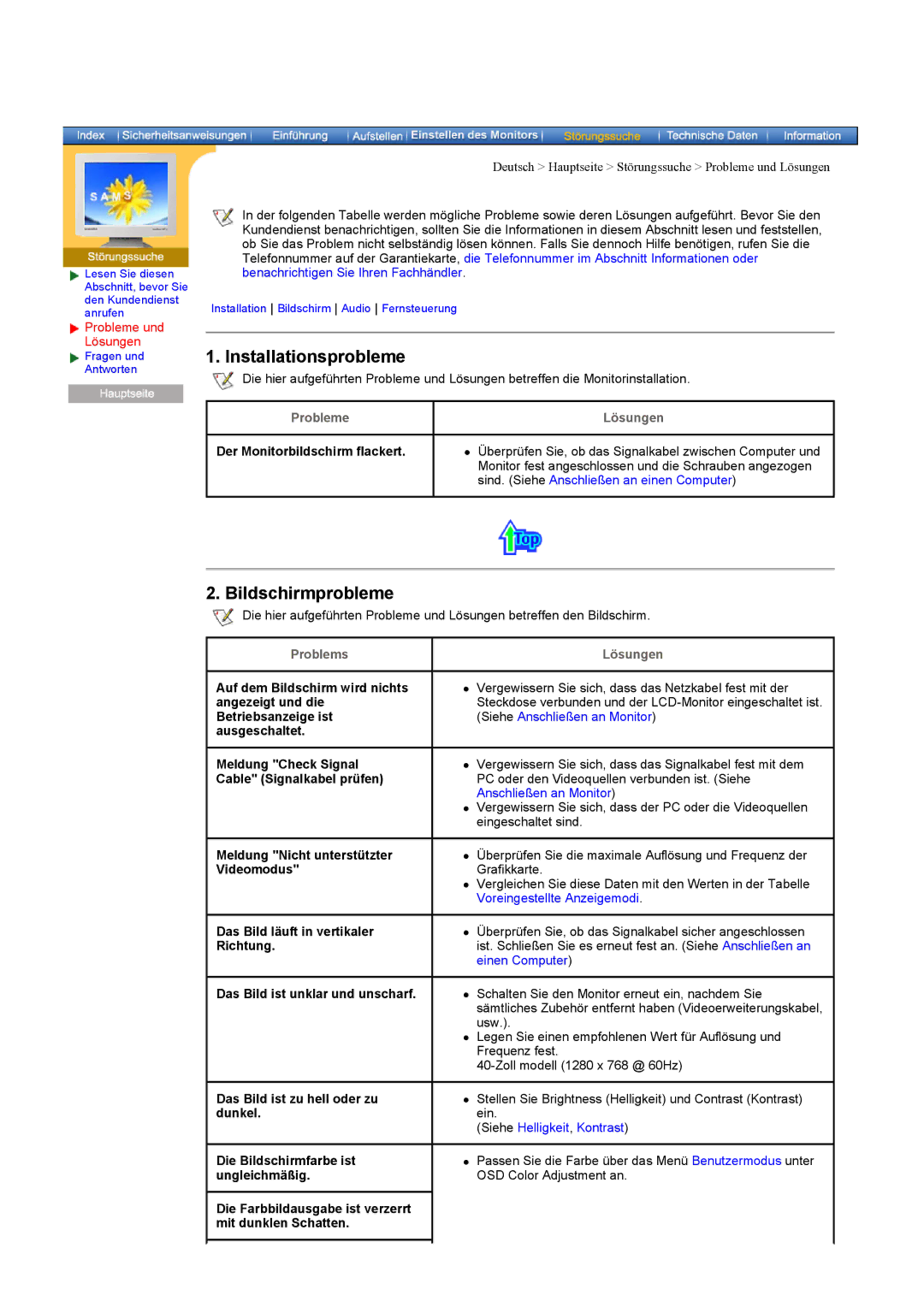 Samsung CK40PSNBG/EDC, CK40PSNSG/EDC, CK40PSNB/EDC, CK40BSNS/EDC, CK40PSNS/EDC manual Installationsprobleme, Bildschirmprobleme 