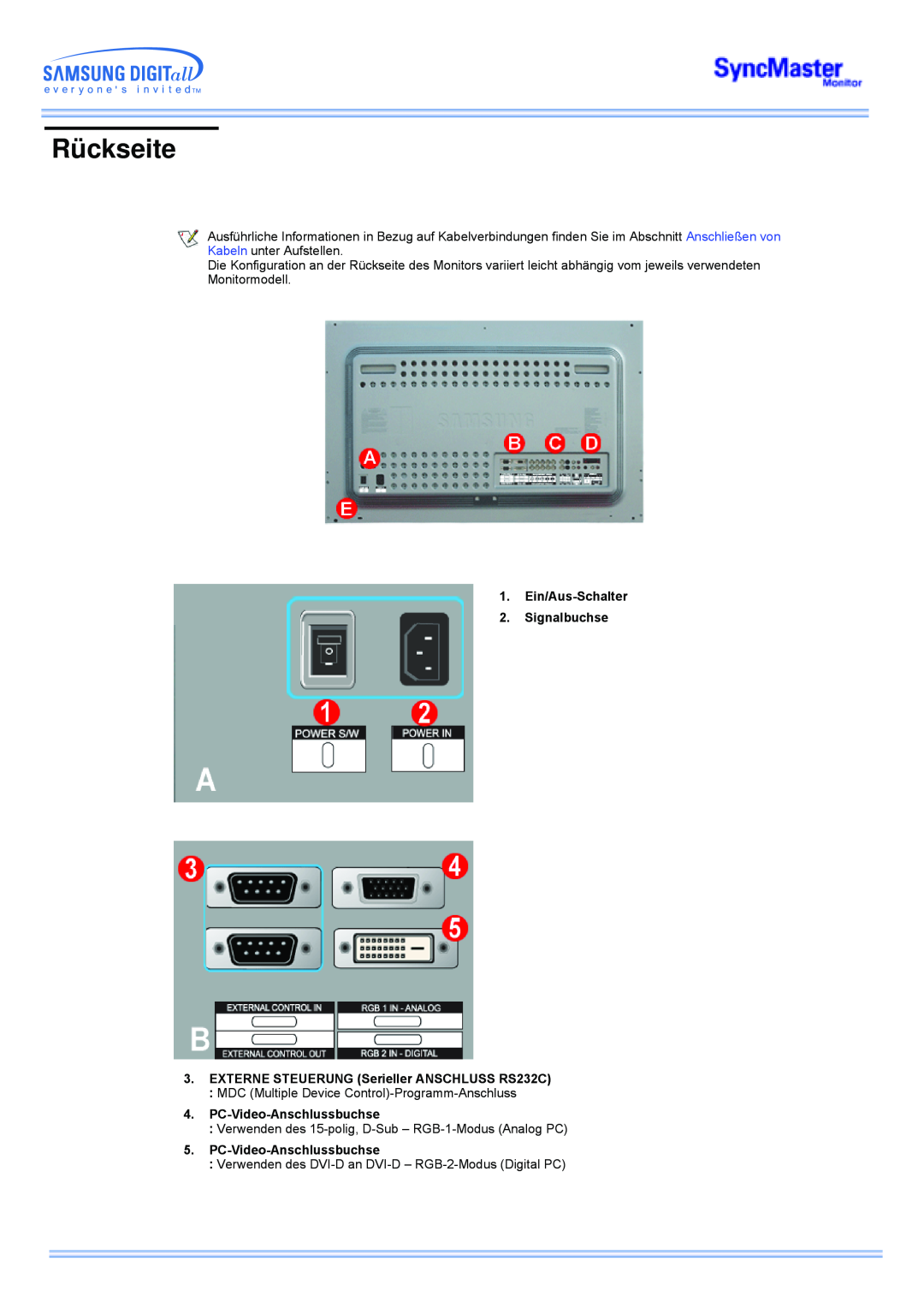 Samsung CK40PSNS/EDC manual Rückseite, Ein/Aus-Schalter 2. Signalbuchse, EXTERNE STEUERUNG Serieller ANSCHLUSS RS232C 