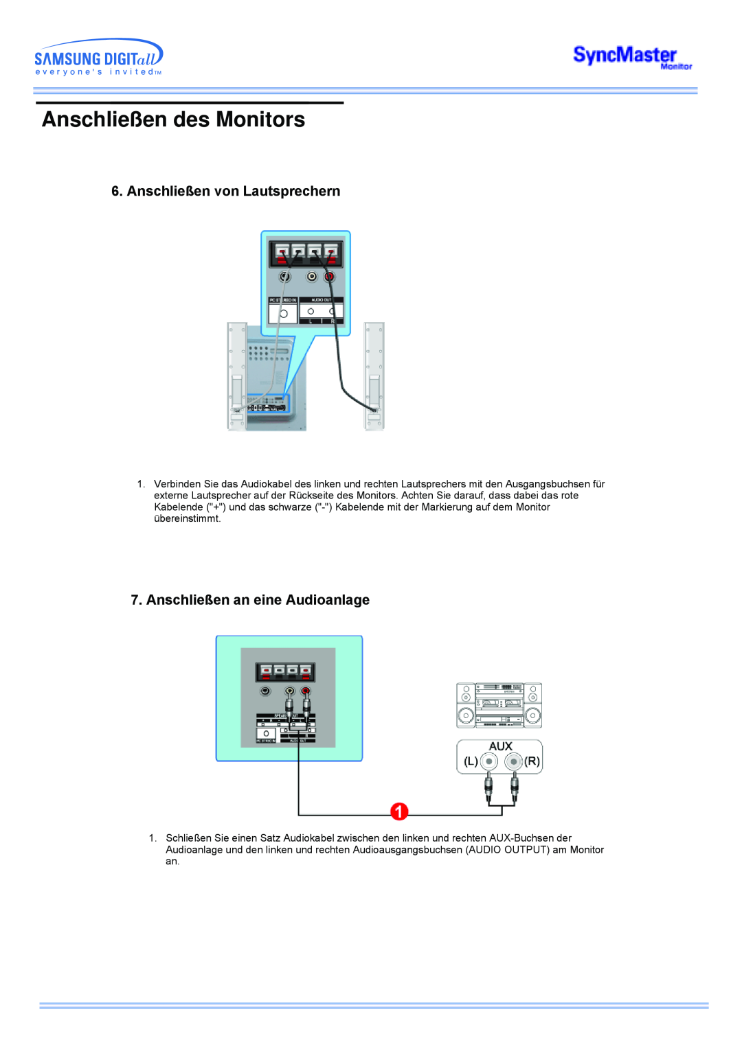 Samsung CK40BSNS/EDC manual Anschließen von Lautsprechern, Anschließen an eine Audioanlage, Anschließen des Monitors 