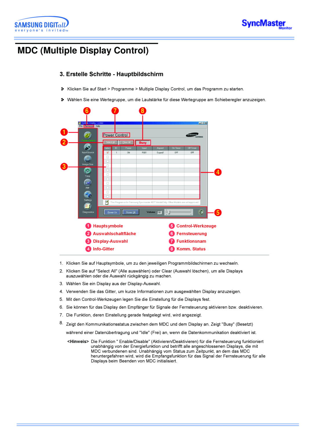 Samsung CK40PSNB/EDC Erstelle Schritte - Hauptbildschirm, MDC Multiple Display Control, Hauptsymbole, Control-Werkzeuge 