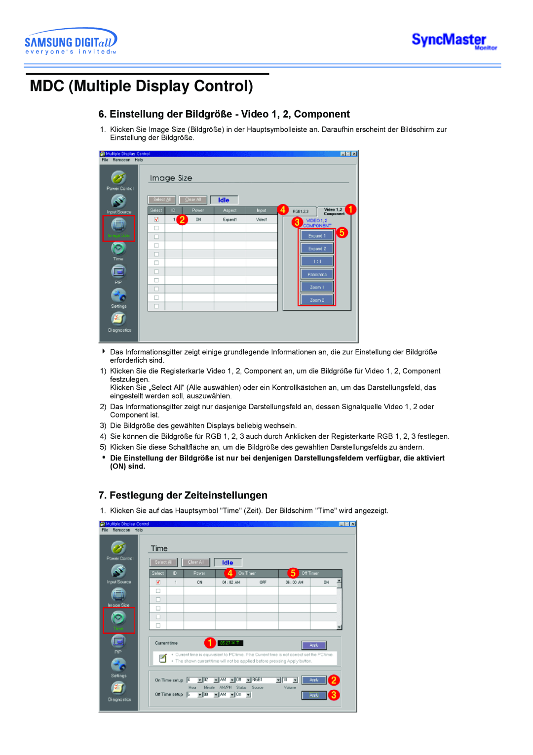 Samsung CK40PSNSG/EDC, CK40PSNB/EDC Einstellung der Bildgröße - Video 1, 2, Component, Festlegung der Zeiteinstellungen 