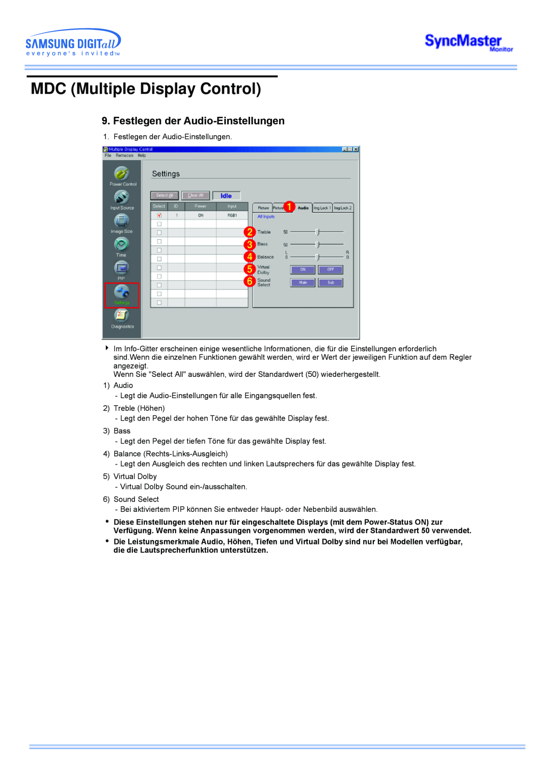 Samsung CK40PSNS/EDC, CK40PSNSG/EDC, CK40PSNB/EDC manual Festlegen der Audio-Einstellungen, MDC Multiple Display Control 